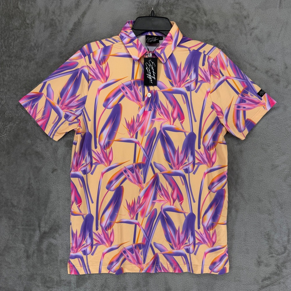 Sunday Swagger Mens Bird of Paradise Golf Polo Shirt Peach Floral Size S NWT